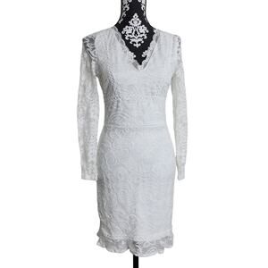 Women's Elegant Preppy White Sheer Lace Coquette V-Neck Dress With Ruffle Hem